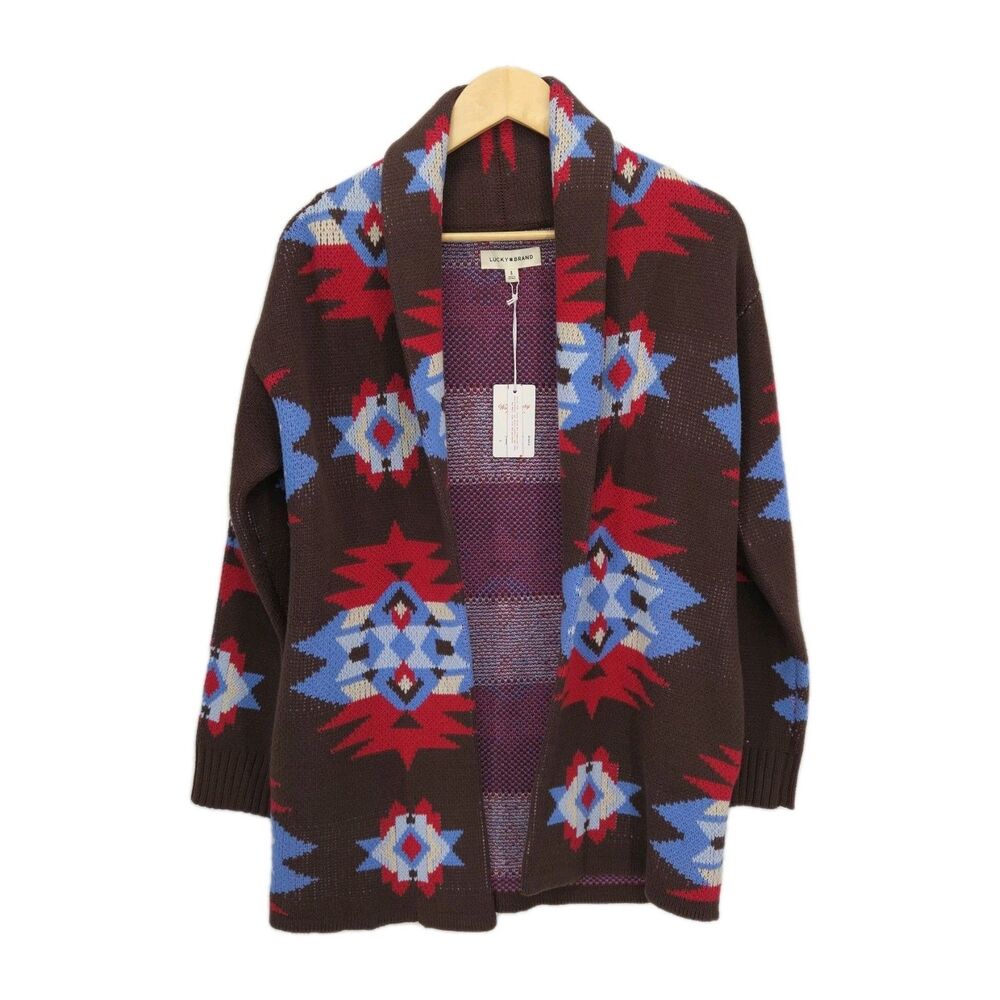New Lucky Brand Women Shawl Collar Open Front Cardigan Sweater Aztec Print Small